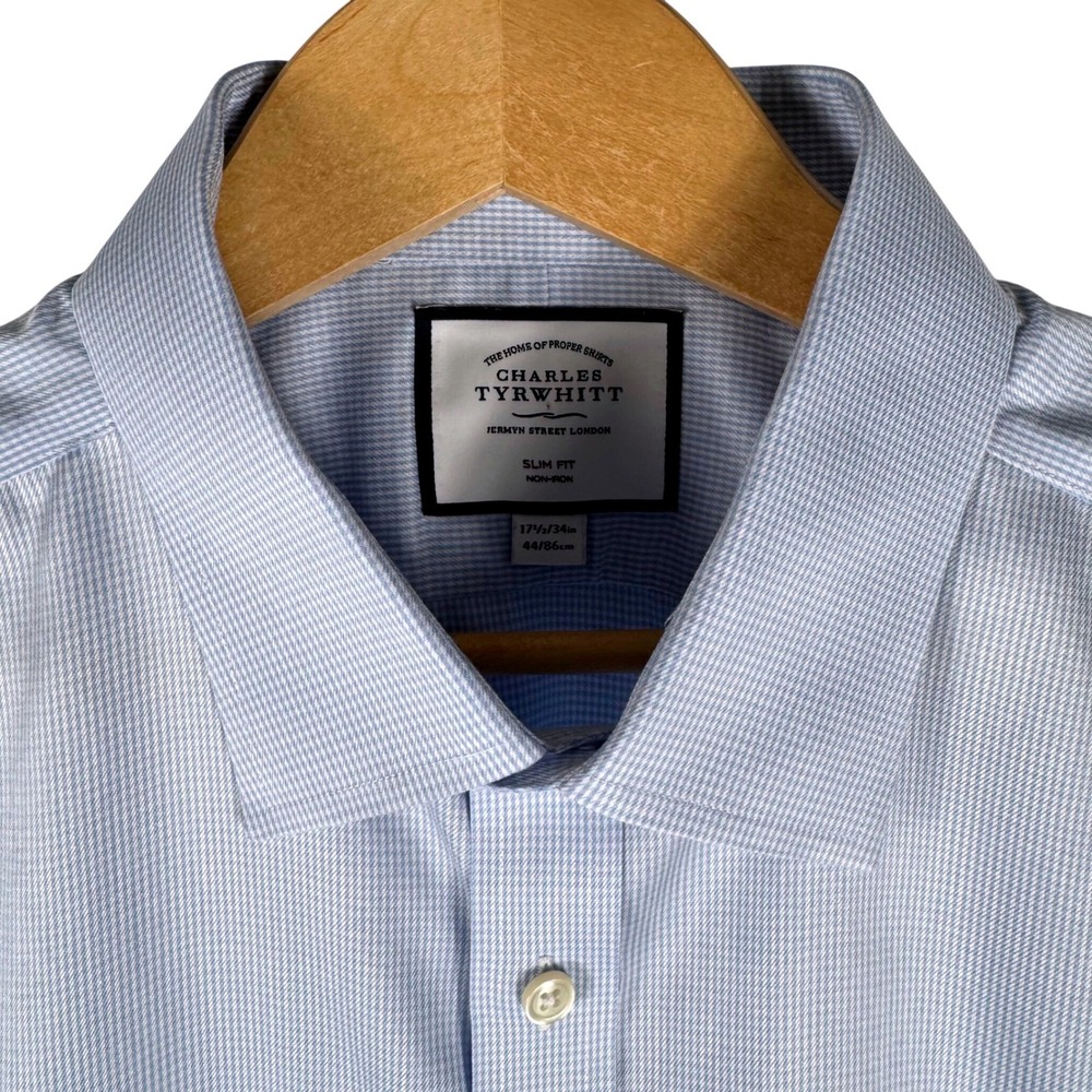 Charles Tyrwhitt Slim Fit Non-Iron Micro-Check Dress Shirt Mens 17.5/34 Blue